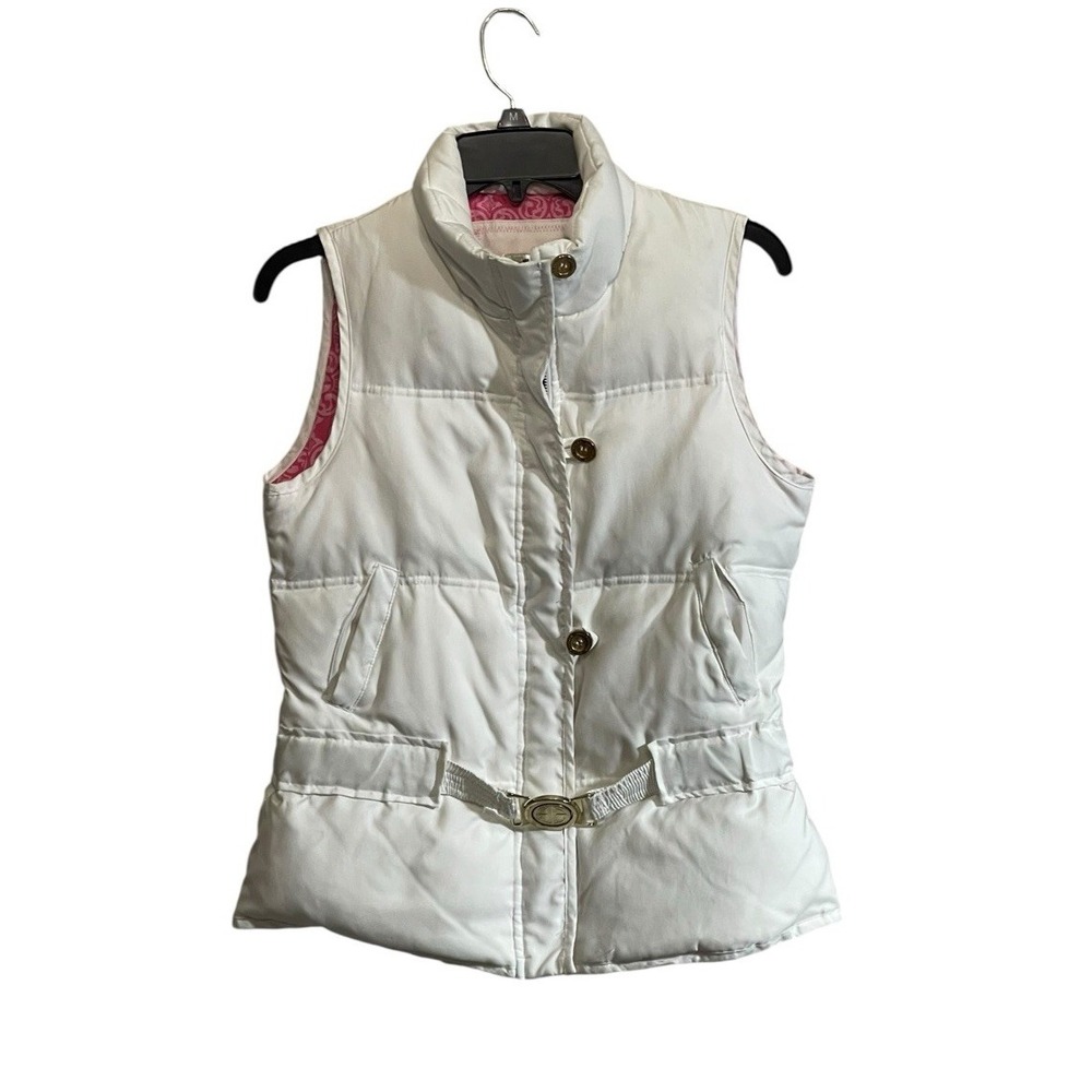 Lilly Pulitzer XS Puffer Vest Jacket White Gold Buttons Snap Full Zip
